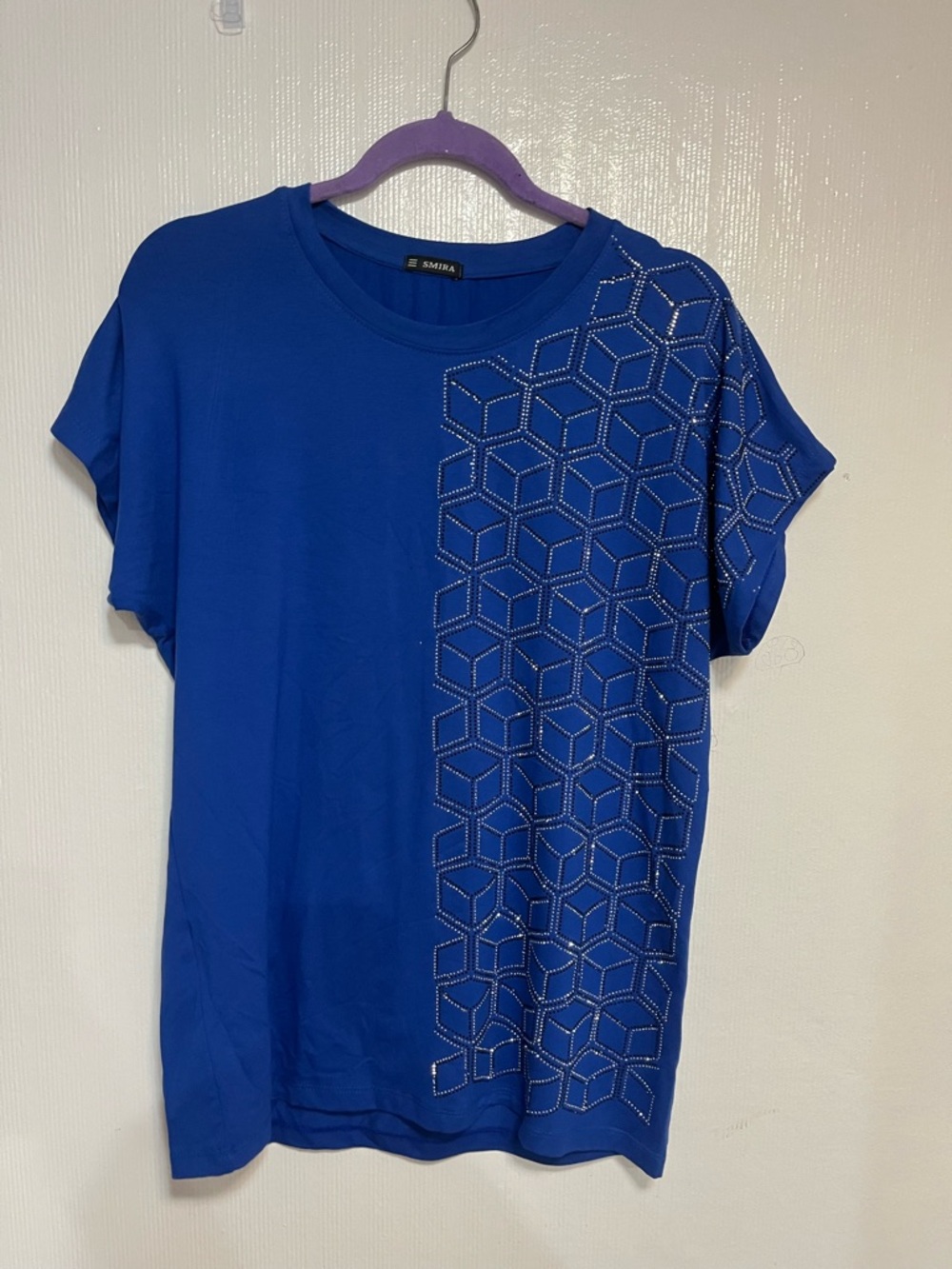 Embellished Geometric Short Sleeve Tee - Blue